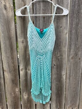 Vintage Y2K Bebe Light Teal Crochet Beach Cover-Up Dress